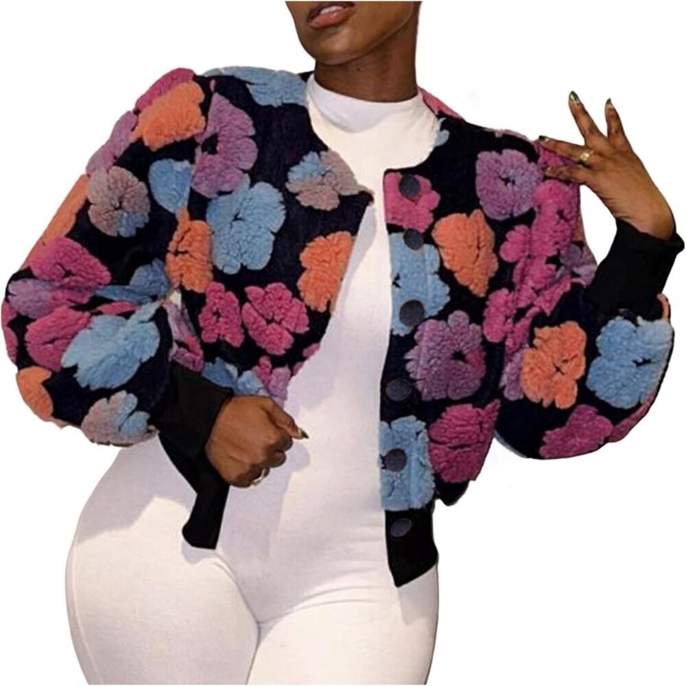 Women's Cropped Floral Print Jacket Long Sleeve Fleece Warm Bomber Jacket Rose